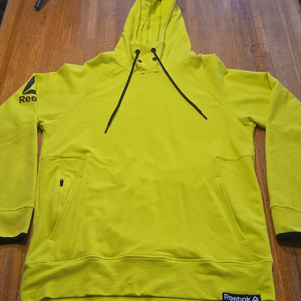 Reebok Men Small Neon Yellow Casual Fit‎ Lightweight Pocket Pullover Hoodie
